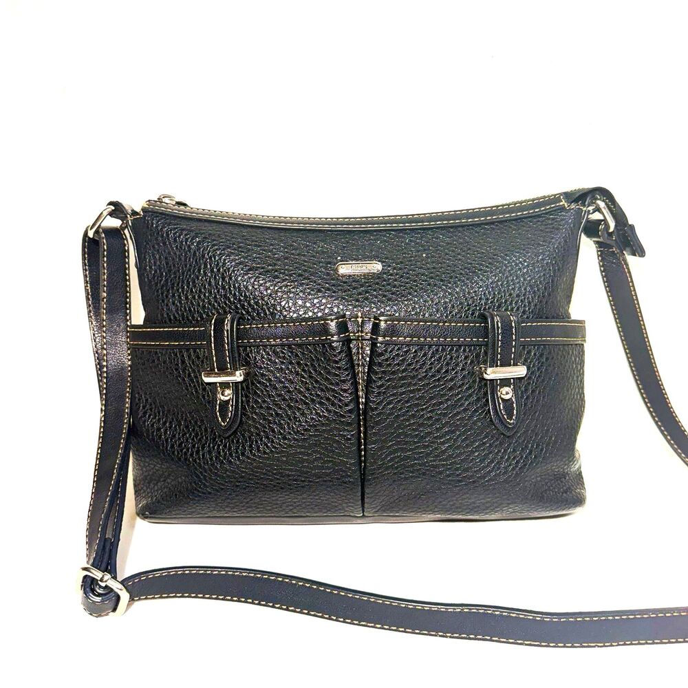 Chaps Black Pebbled Crossbody Bag Adjustable Strap Lined Inner Pockets 12x8 in.